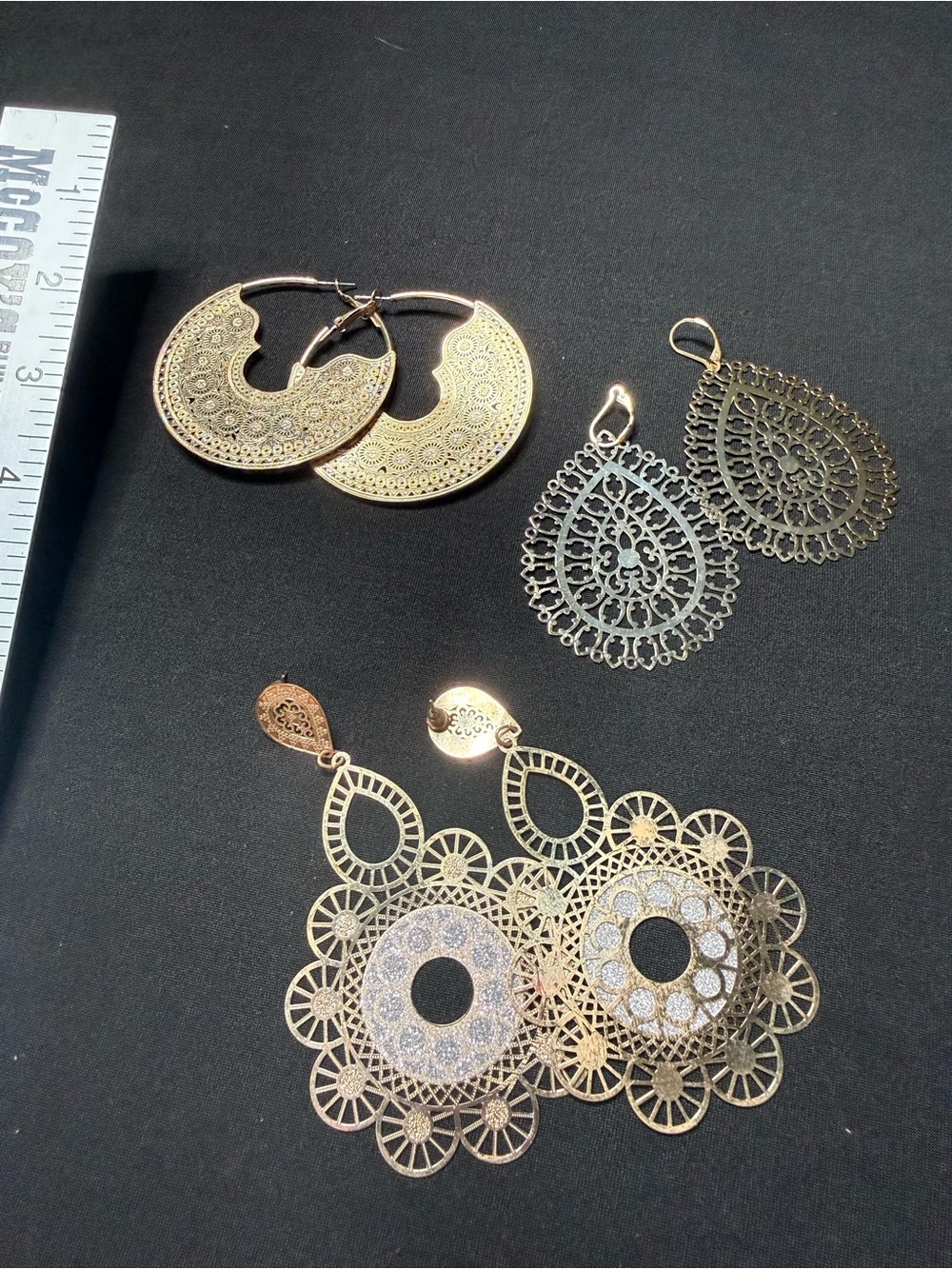 Gold Filigree Drop Earrings - Elegant Women's Jewelry set of 3